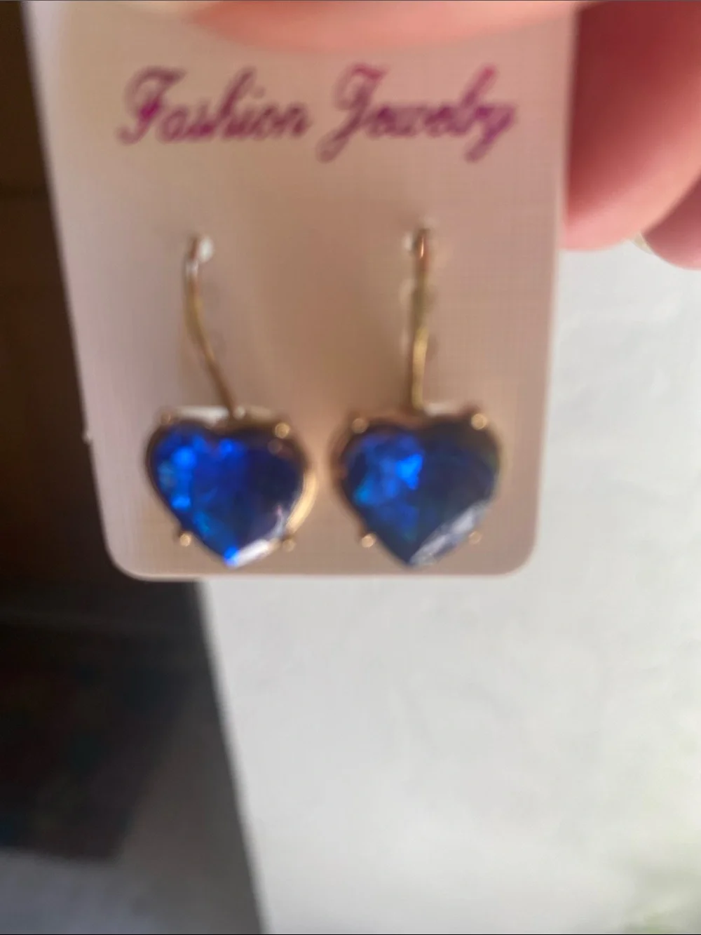 Fashion Jewelry Royal Blue Heart Dangle Earrings - Gold Tone